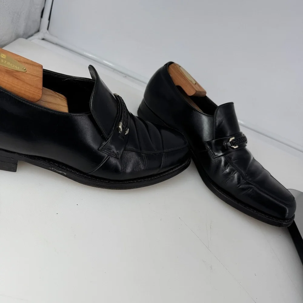 Vintage Florsheim Bit Loafers Men 9.5 D Black Leather Braided Strap Dress Shoes
